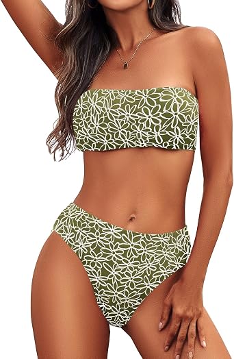Zuvebamyo Women Strapless Bandeau Bikini Sets Two Piece Textured Swimsuits Ribbed Lace Up Bathing Suits