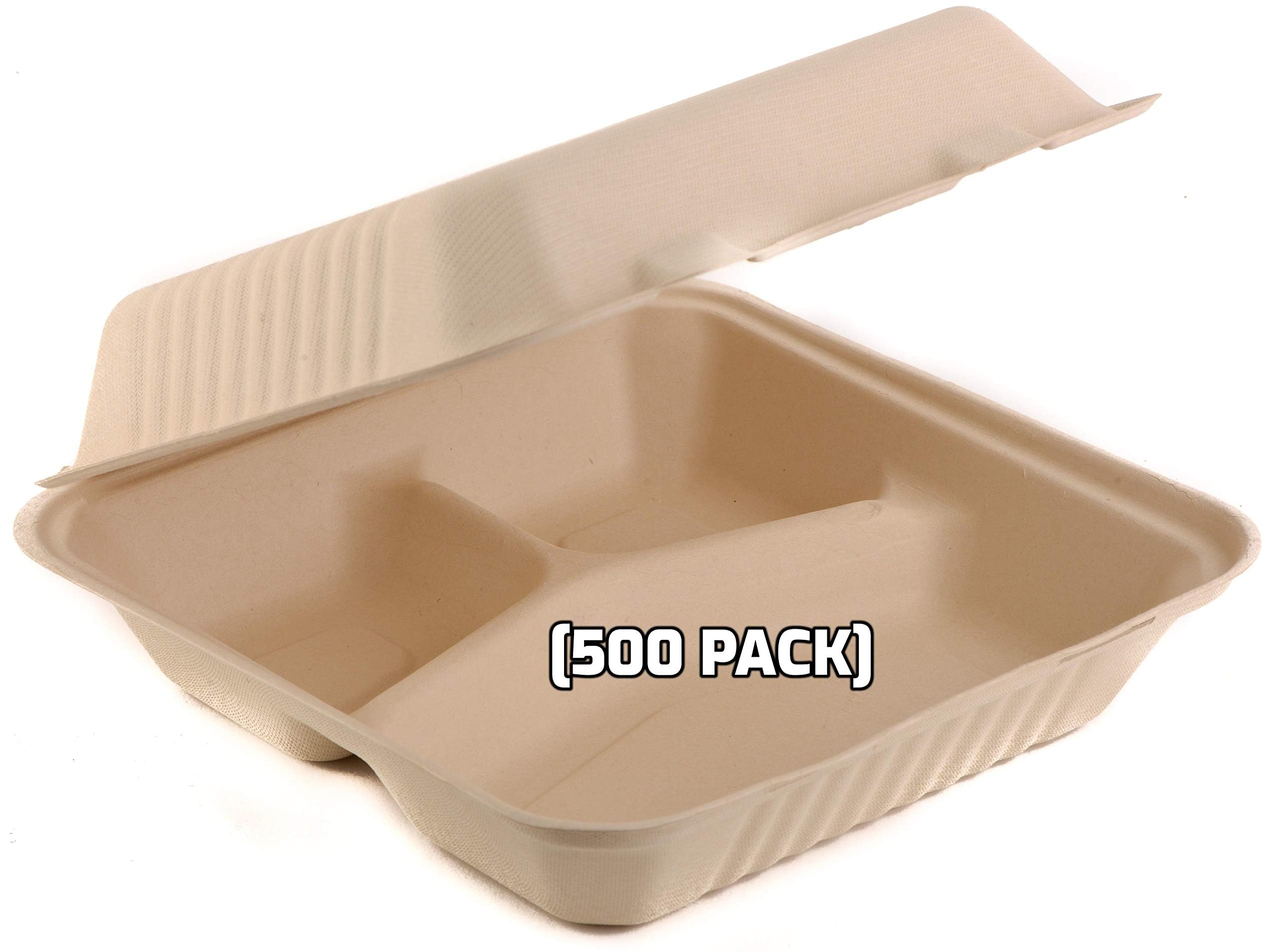 [500 PACK] 9 Inch 3-Compartment Compostable Hinged Take Out Food Container - Sugarcane Bagasse, Tree Free - Restaurant Supplies, Microwavable, Bidodegradable, Recyclable, Heavy Duty (Rectangle - Clam)