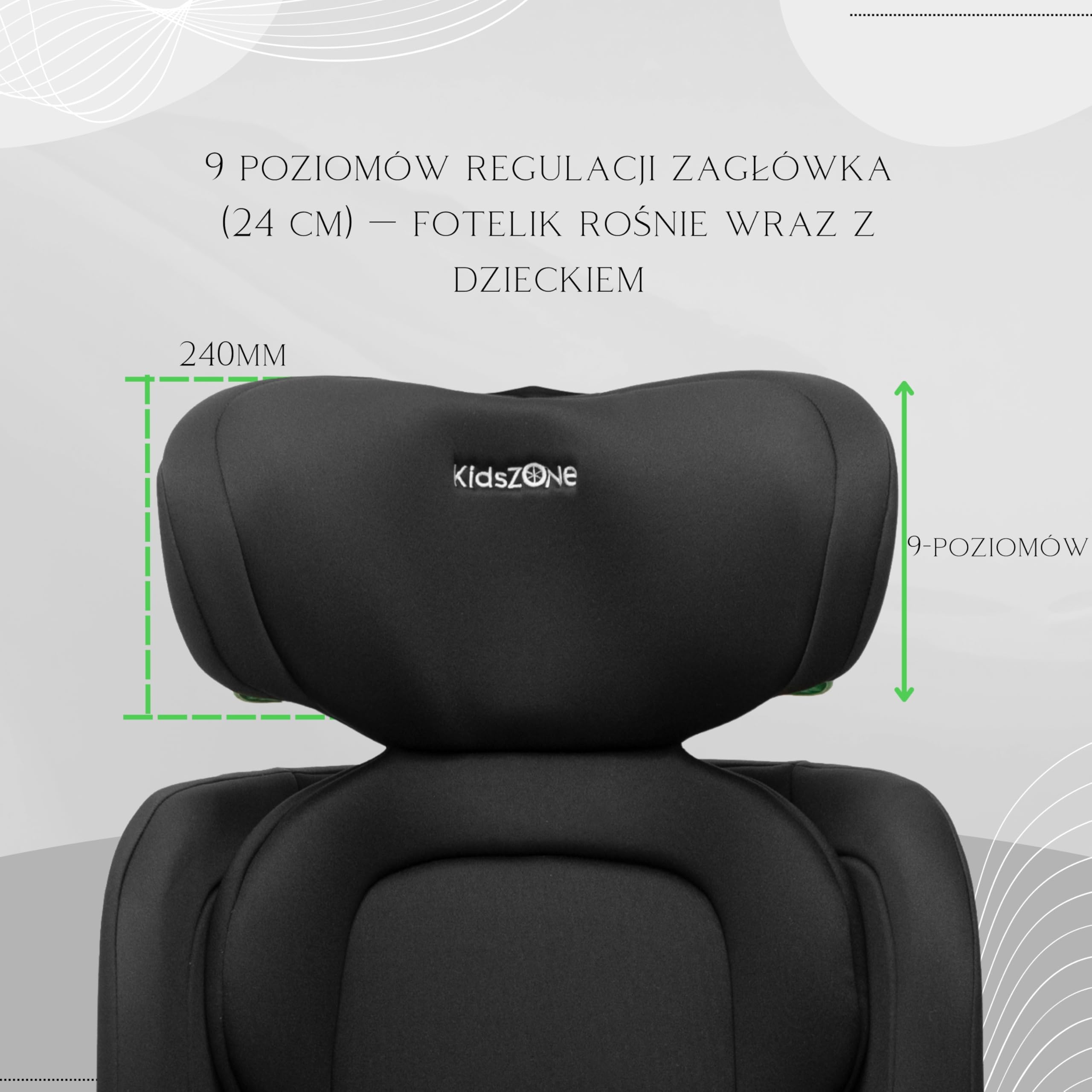 KidsZone Fotelik Samochodowy z bazą Isofix – Fotelik dziecięcy i-Size 40-150cm, 15-36kg, Grupa 2/3 – 7 Stopniowa regulacja nachylenia oparcia, 9 pozycji regulacji zagłówka
