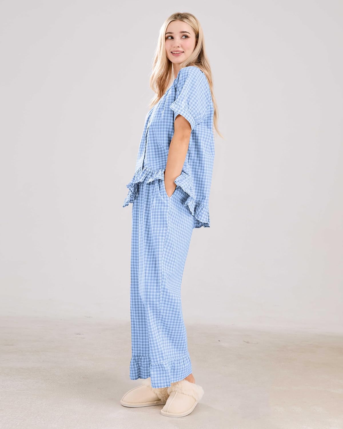 Womens Gingham Pajama Set 2 Piece Short Sleeve Babydoll Shirt and Pants Lounge Set Cute Sleepwear - Image 6