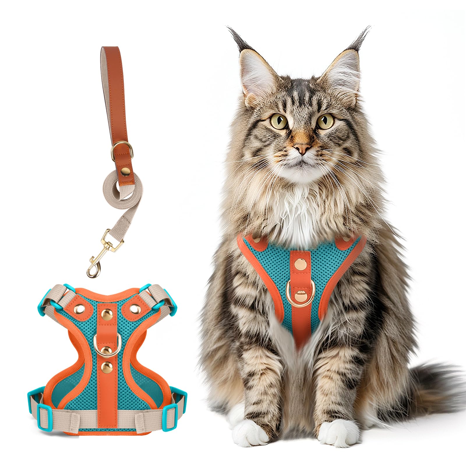 Muecleao Escape Proof Cat Harness and Leash Set, Premium Microfiber Leather Trim
