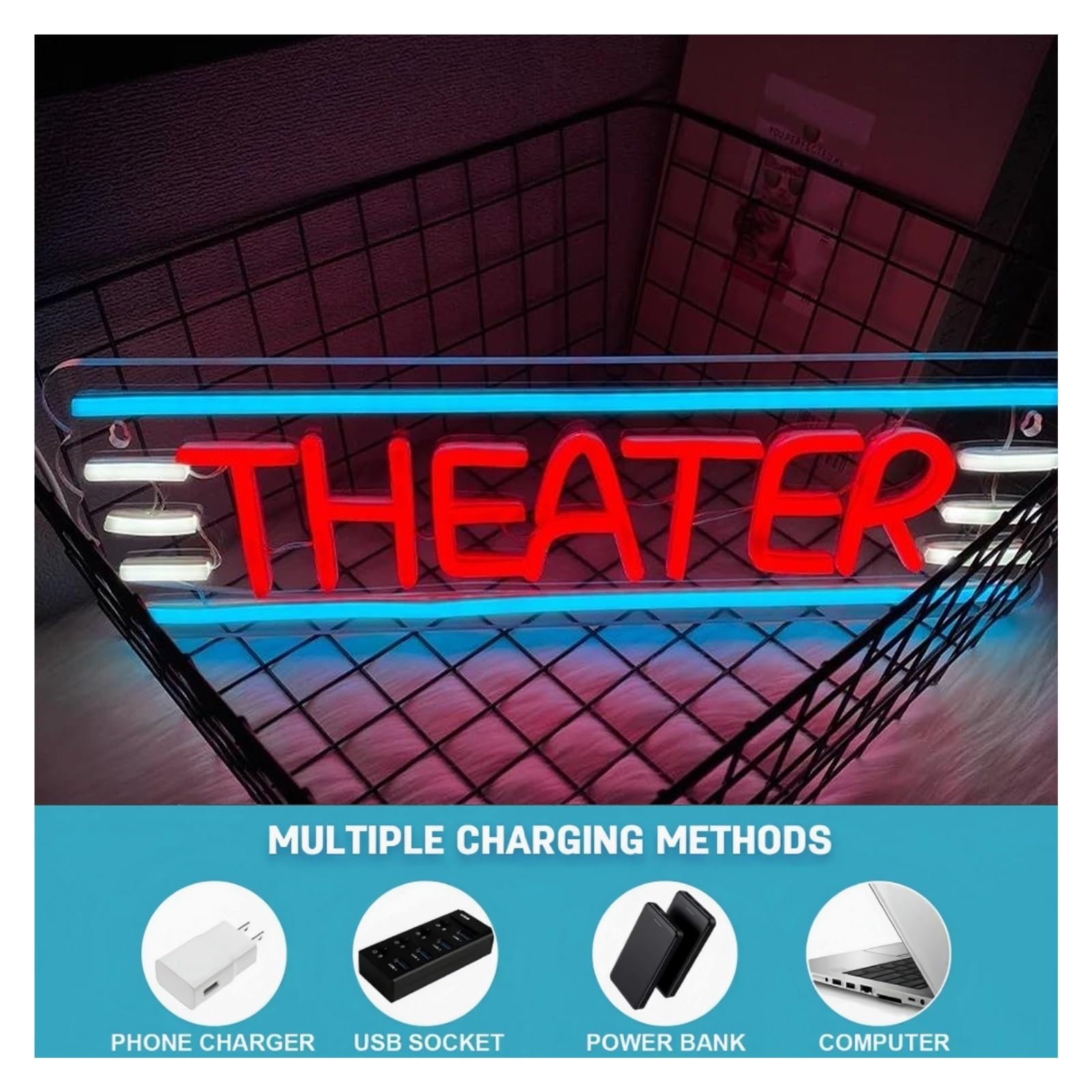 Luz de Diseño de Digital Letrero De Neón Theater Lámpara De Pared Para Cine, Decoración De Pared Para Dormitorio, Arte Cinematográfico, Alimentación USB, 42cmx13.5cm