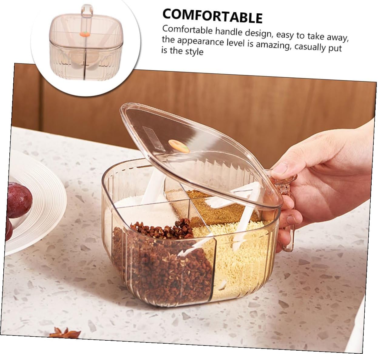 SHOWERORO Amber 4-compartment Kitchen Seasoning Box, Household Spice Organizer with Lid, Multi-grids Separated Condiment Storage Container for Countertop Use