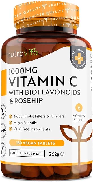 Vitamin C 1000mg 180 Premium Vegan & Vegetarian Tablets 6 Month Supply High Strength Ascorbic Acid with Added Bioflavonoids & Rosehip for Normal Immune System Made in The UK by Nutravita