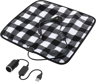 Tuanse 16 x 16 Inches Car Electric Blanket 12 Volt Heated Car Blanket with Temperature Controller and Black Storage Bag Cold Weather Tailgating and Emergency Kit(Black White Plaid,16 x 16 Inch)