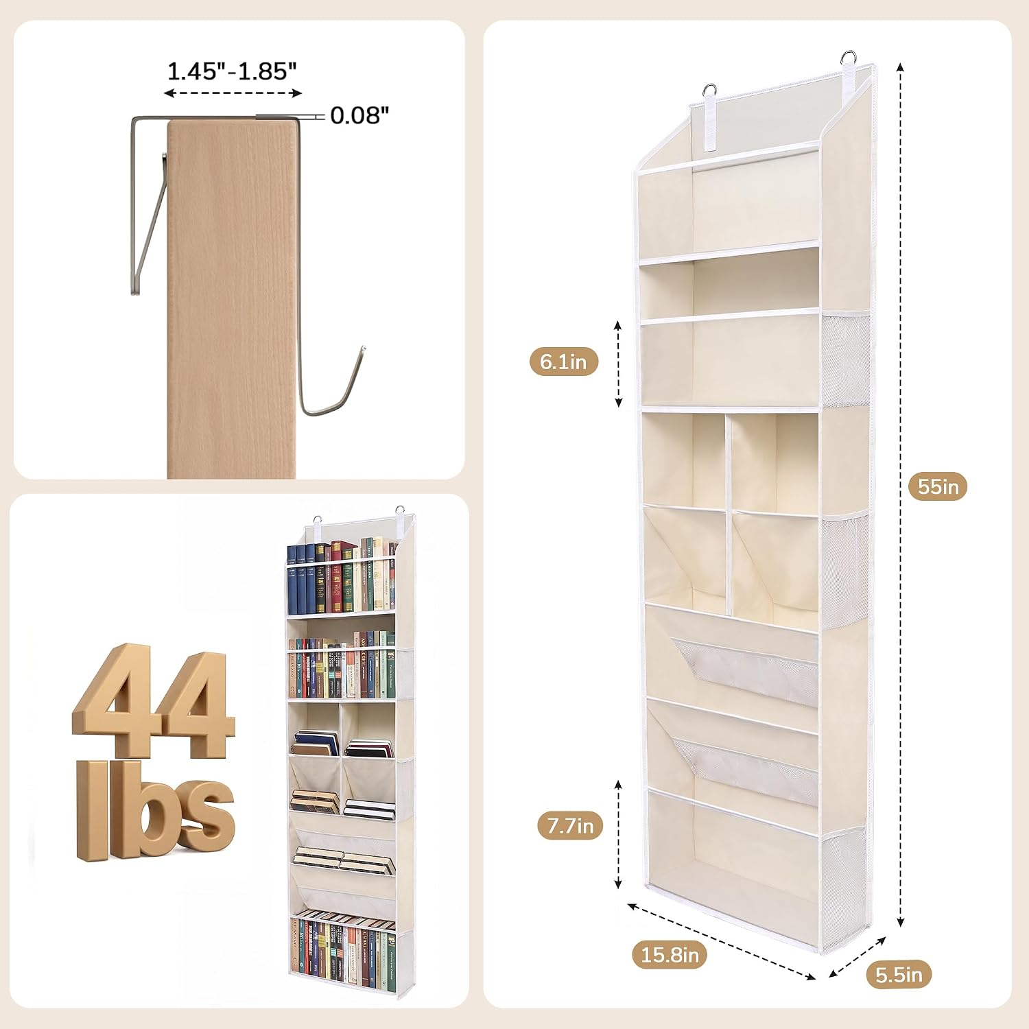 6-in-1 Over Door Hanging Organizer with 12 Mesh Pockets, 44 lbs Capacity, Warm Beige – Versatile Behind Door Storage for Baby Nursery, Newborn Essentials, Bedroom, Bathroom & Dorm