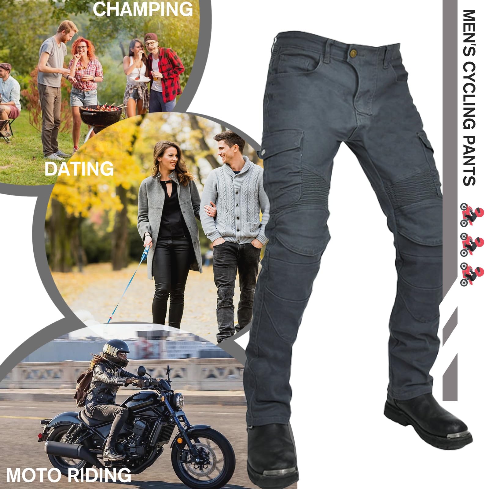 Uomo Donna Pantaloni da Moto Biker Jeans Protezione Motorcycle Pantaloni Rinforzato Slim Fit Armature Pants, 4 x Pad di Protezione (Grigio,XL)