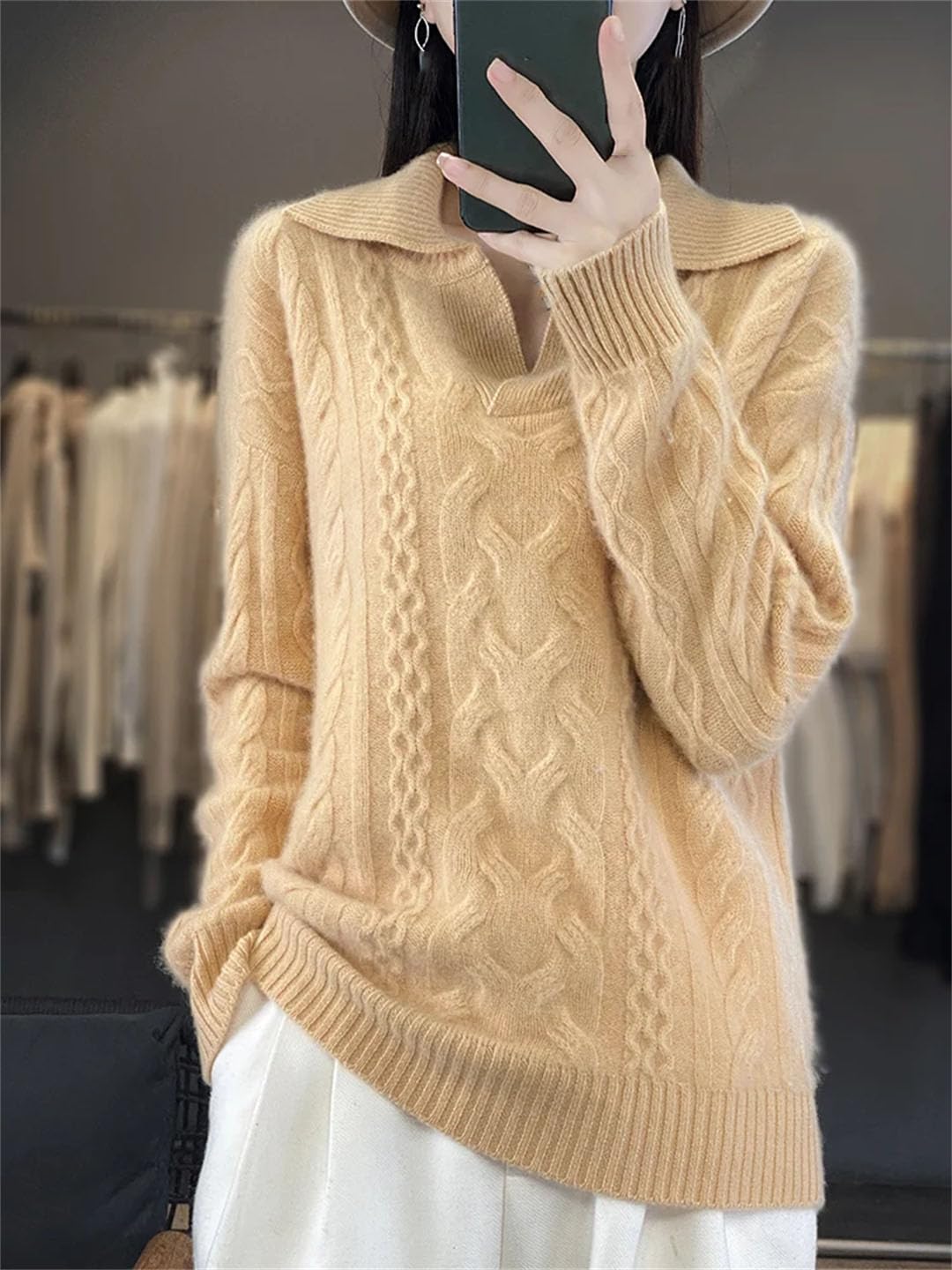 Maglione da donna Inverno Fiore Intrecciato Girare giù Collare Pullover Lana Merino Spessore Femminile Maglione Maglieria Top