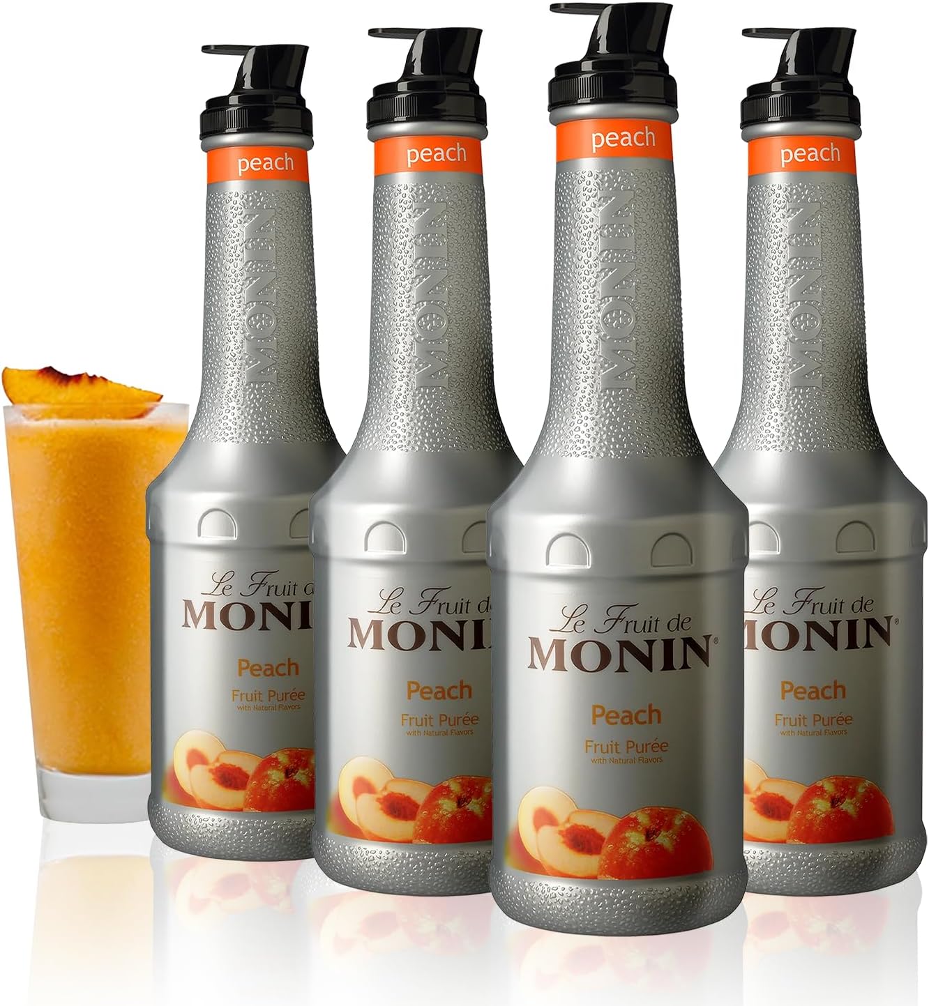 Peach Fruit Purée Multi-Pack | Premium Purée for Cocktails, Smoothies & More | Clean Label with No Artificial Flavors, No Artificial Preservatives (BPA-Free Plastic Bottle, 1 Liter, 4-pack)