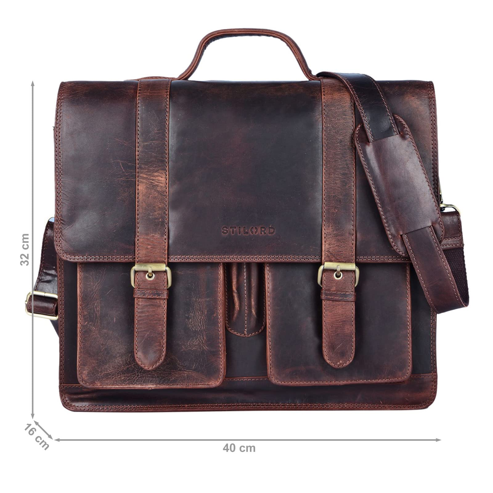 STILORD 'Marius' Maletín de Piel Unisex para Profesor o Negocios Bolso Mensajero o Bandolera Grande para Hombres Mujeres y portátil de 14" de auténtico Cuero Color:Negro