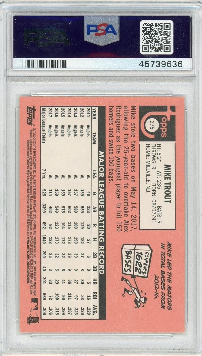 Mike Trout 2018 Topps Heritage Card #275 PSA 10 GEM MT Los Angeles Angels MVP - Slabbed Baseball Cards