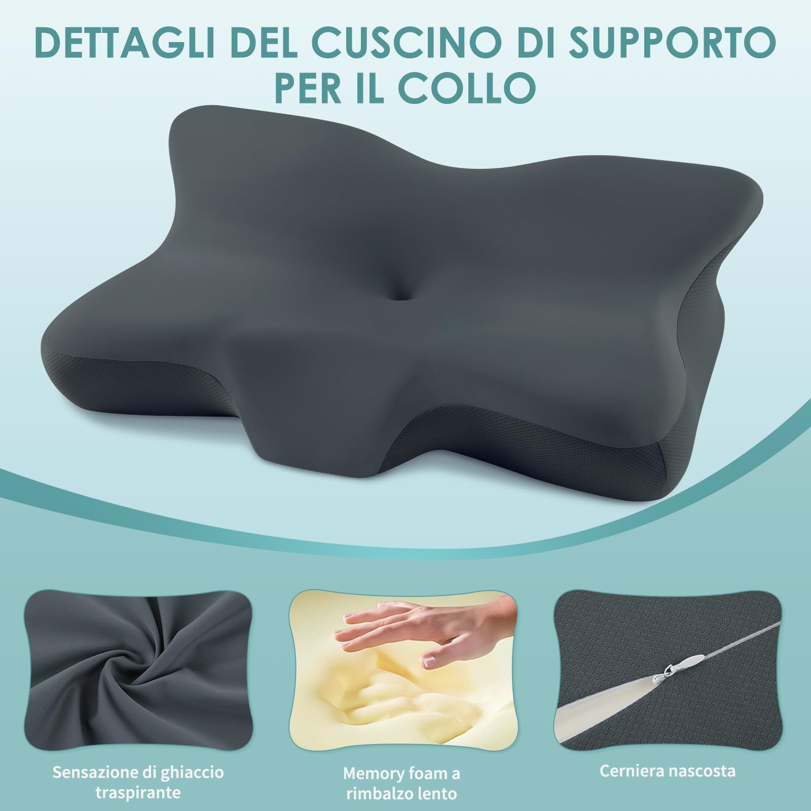 Cuscino Cervicale per Dormire,Cuscino Ergonomico Memory Foam Cervicale,Cuscino Posturale Antirussamento,Adatto a Chi Dorme sul Fianco,Sulla Schiena o Sullo Stomaco,Federa Rimovibile
