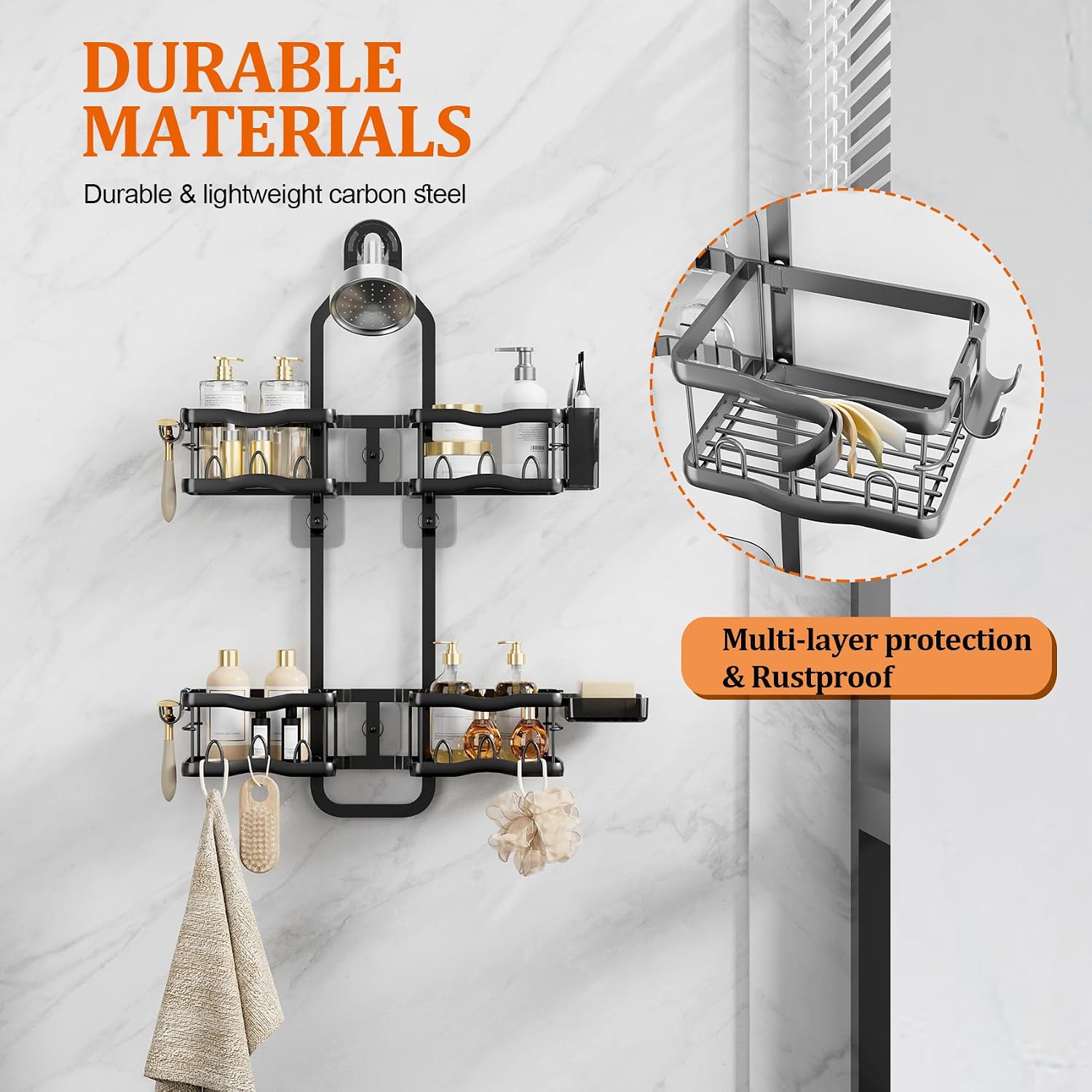 Shower Caddy Hanging Shower Head,Rustproof Hanging Shower Caddy Over Showerhead Bathroom Shower Caddies Shelf Organizer Rack For Sponge,Shampoo,Soap Storage,With Razor-Hooks,Black image 5