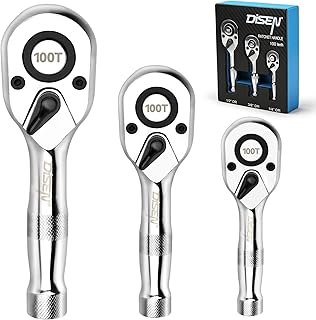 DISEN 3-Piece Stubby Ratchet Set – 1/4", 3/8", 1/2" Drive | 100-Tooth Ratchet with EVA Storage Tray | Quick Release Button | Non-Slip Grip | Reversible 3.6° Design for Tight Spaces, Chrome Finish