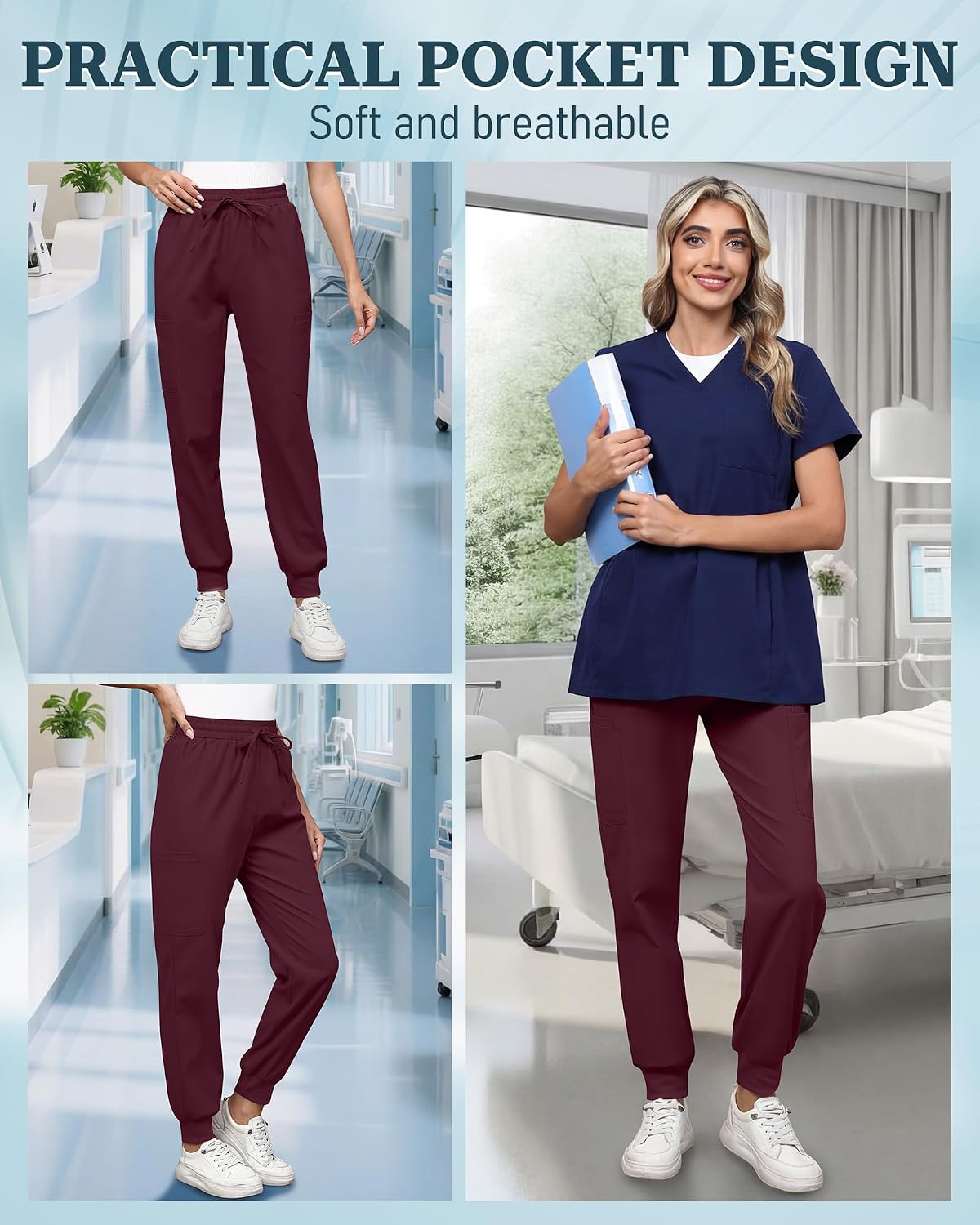 Women's Scrubs Pants Stretch Cargo Joggers Slim Fit Medical Bottoms High Waist Drawstring Scrubs with 6 Pockets