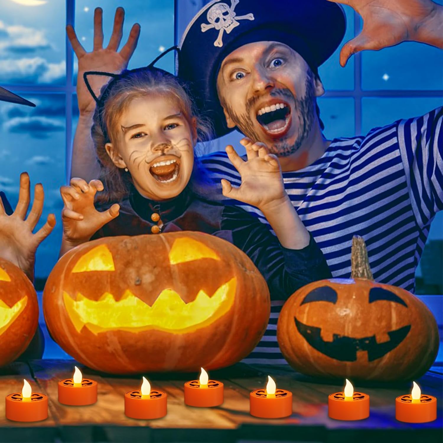 Halloween Tea Lights Candles with 6H Timer, Pumpkin Flameless Candles with Ghost Face Flickering, LED Candles Battery Operated 12 Pack Φ 1.5" H 1.4" for Fall Halloween Decorations