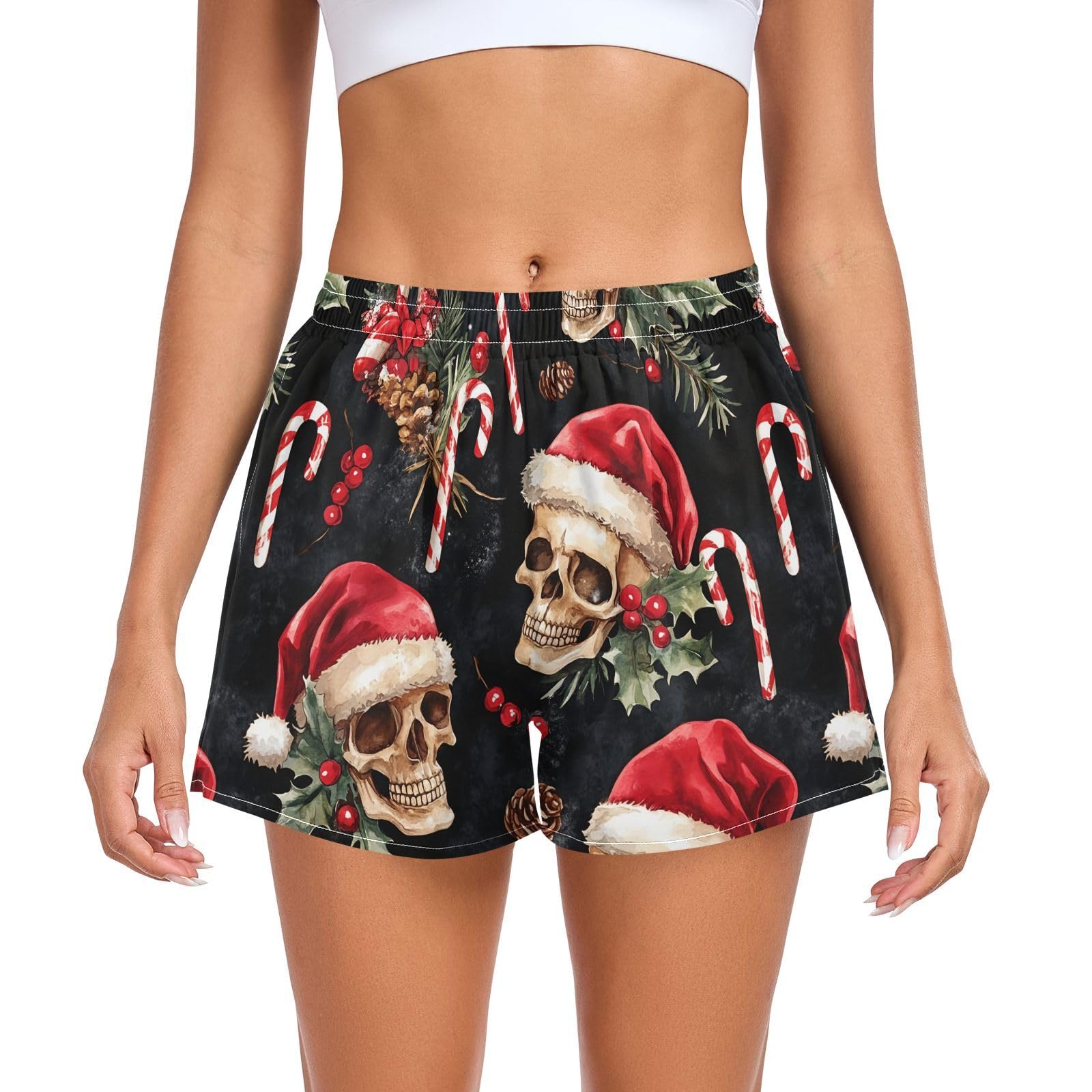 UMIRIKO Skulls Christmas Santa Hats Women's Running Shorts with Pockets Sporty Workout Quick Dry Athletic Shorts L 202c0153