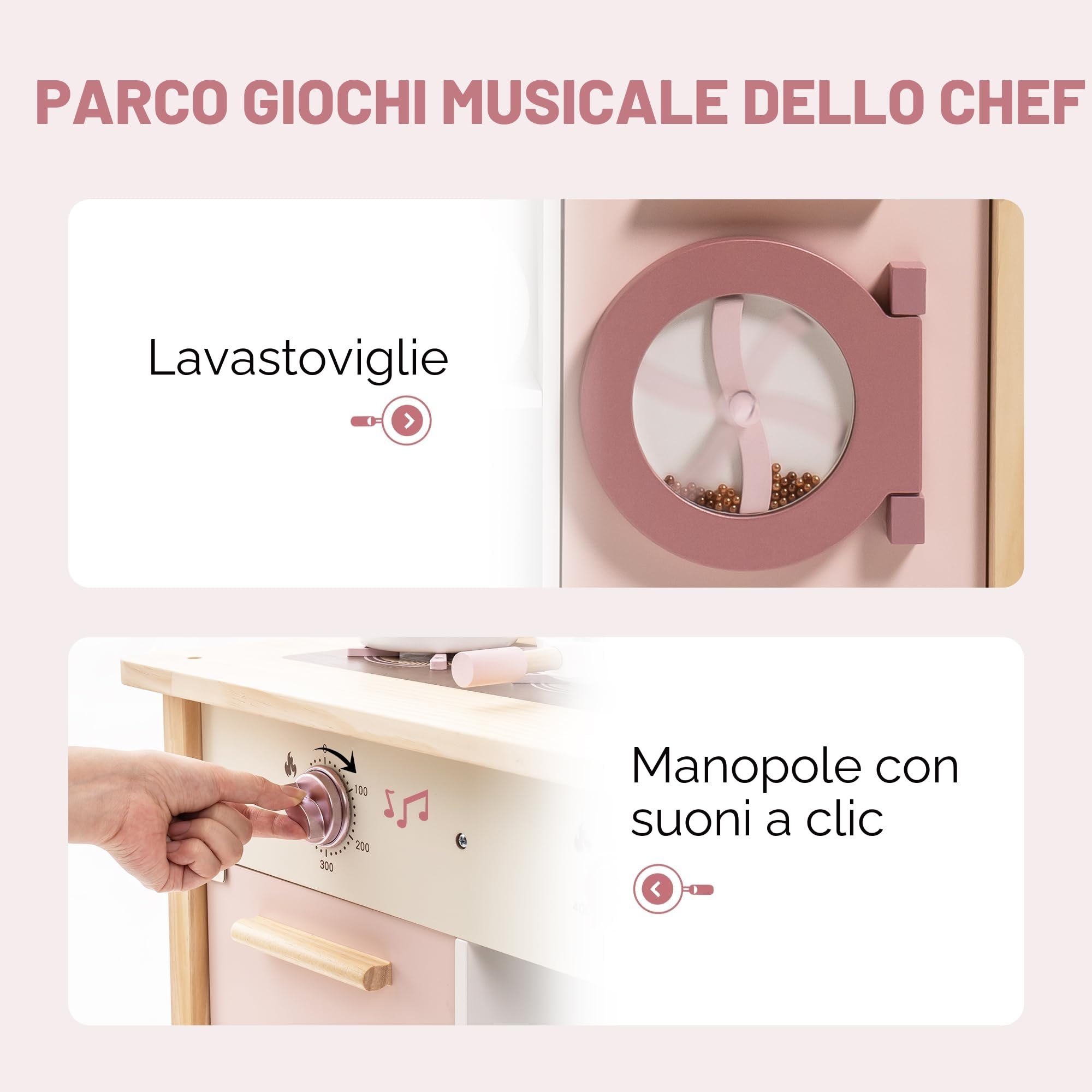 ROBUD Cucina in legno per bambini e bambine dai 3 anni in su, gioco di ruolo, set di accessori da cucina, rosa, grande