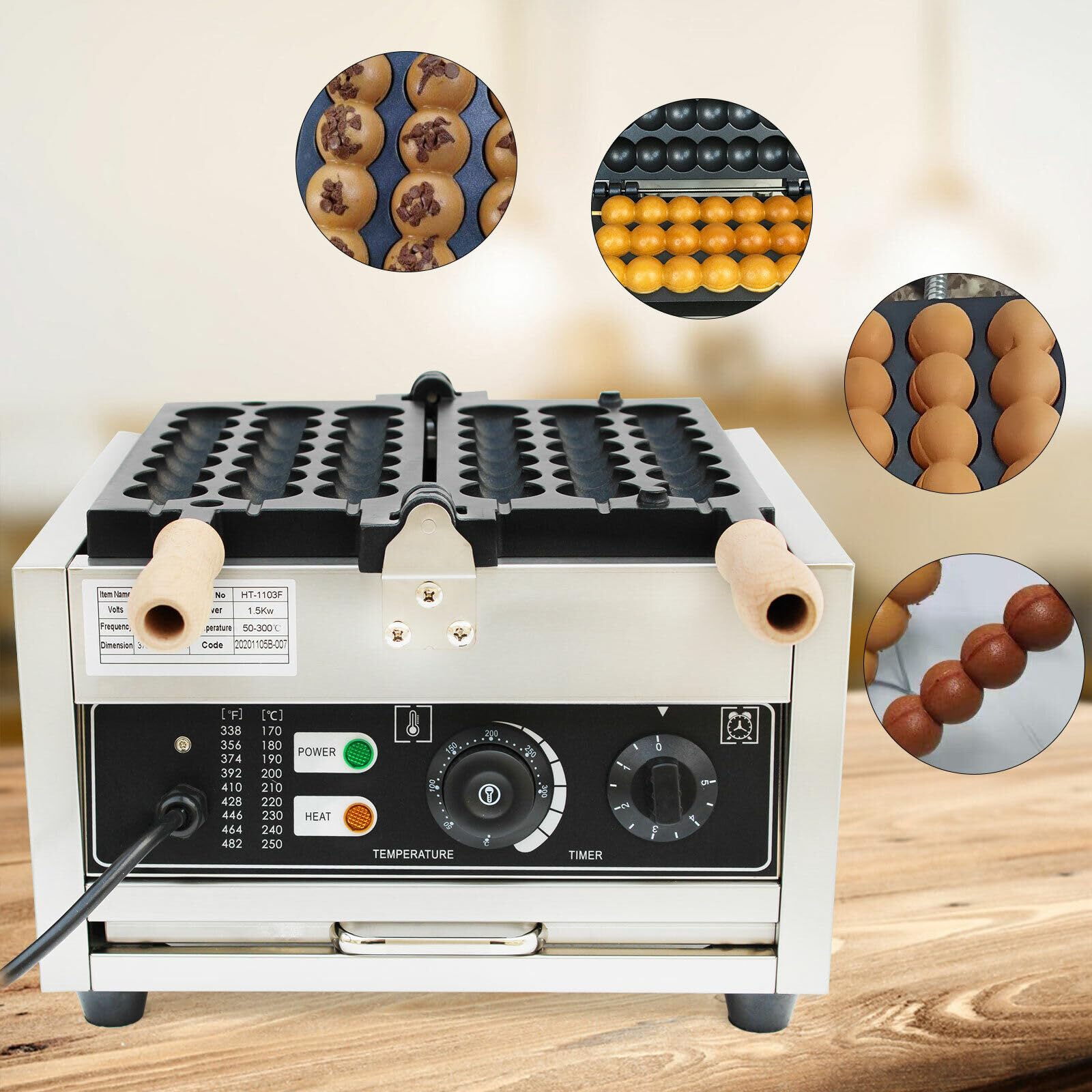 42 PCS Commercial Donut Rock Sugar Gourd Ball Waffle Maker Waffle Baker Machine Nonstick Egg Hot Dog Baker Machine 1500W for Bakeries with Wood Handle, Restaurants, Kiosks, Canteens
