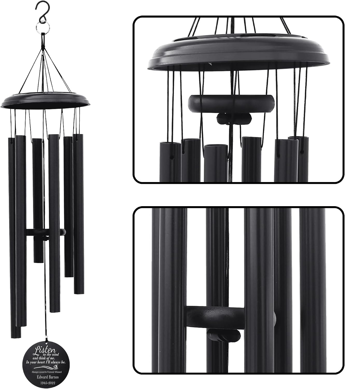 PORTHO 35-Inch Personalized Photo Memorial Wind Chime – Black – Sympathy, Remembrance & Bereavement Gift – Customized Memory Windchime for Loss of Loved One