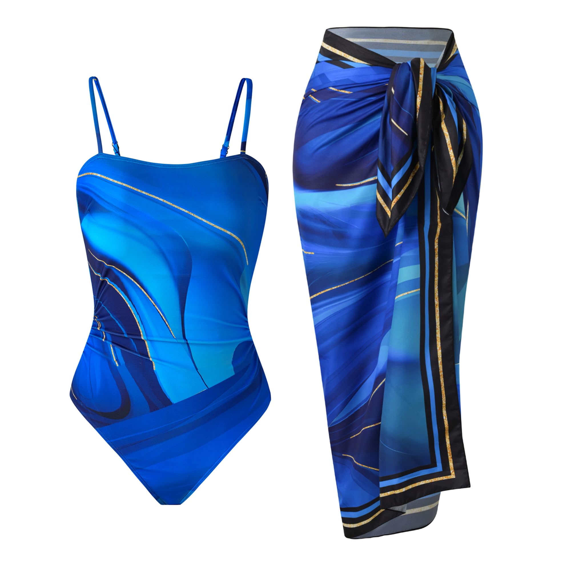 Bslingerie Costume da bagno intero da donna modesto monokini con pareo abbinato set da spiaggia copricostume da 2 pezzi