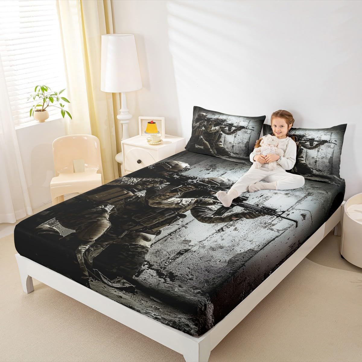 American Soldier Fitted Sheet, Boys Teens Under Mission Sheet Set, Rifle Machine Gun Bedding Set, Army Military Camo Fitted Bed Sheets Queen Camouflage Bedroom Decor for Youth Man No Top Flat Sheet