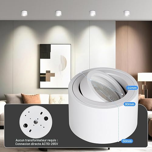 CANMEIJIA Plafonnier LED Direct Spot Orientable 7W Lumiere Reglable 4 Pack - 7