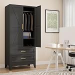 Farmhouse Metal Wardrobe Closet, Wardrobe Cabinet with 2 Drawer and Hanging Rod, Steel Armoire Cabinet with Adjustable Shelves for Bedroom/Laundry Room,Black