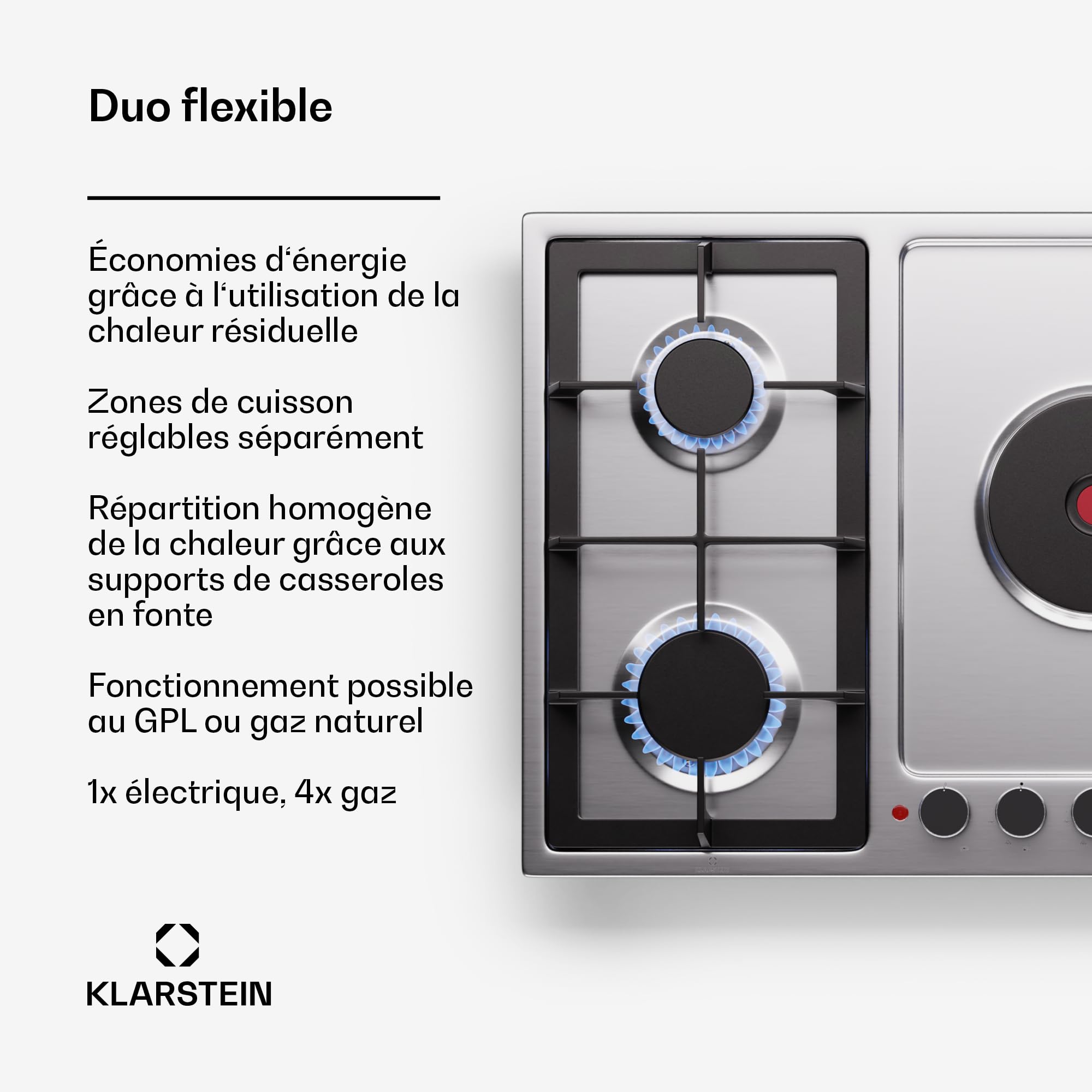 Klarstein MultiChef 5 Plaque De Cuisson Gaz Et Électrique, 4 Brûleurs Gaz & 1 Électrique, 10.1Kw, Acier Inoxydable, Allumage & Arrêt Automatique, Sécurité Enfants, Compacte 87X8X50Cm