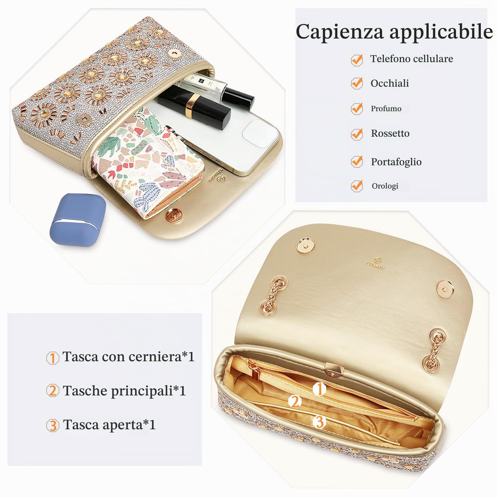 Borsa a Tracolla da Donna Moda Con Cinghia a Catena e Strass - Messenger Impermeabile in PU per Festa, Shopping e Viaggio - Oro