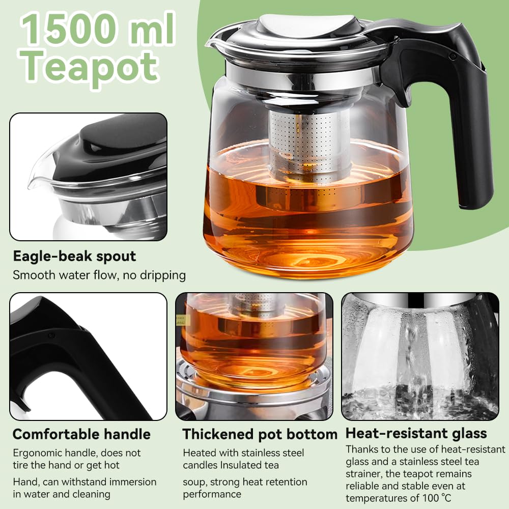 Tetera de Cristal para Infusiones de 1,5l Tetera de Vidrio con Infusor y Mango Resistente al Calor Tetera de Cristal para Vitrocerámica Jarra de Cristal para Hacer Infusiones de Té Flores