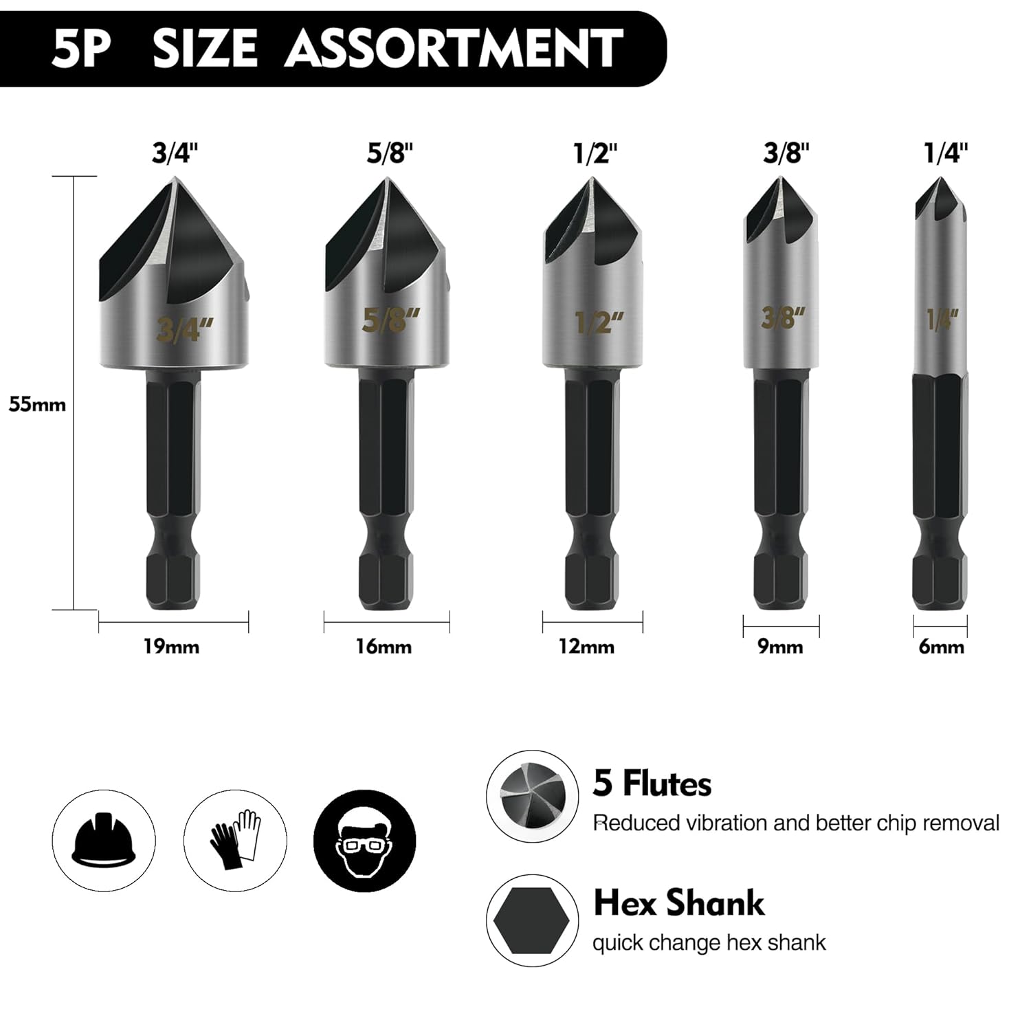 GMTOOLS 5PCS Countersink Drill Bit Set, High Speed Steel Countersink Bits, 82 Degree 5 Flute Pieces, 1/4 Inch Hex Shank, Fit for Sink Holes into Metals, Wood, Plywood, Plastic