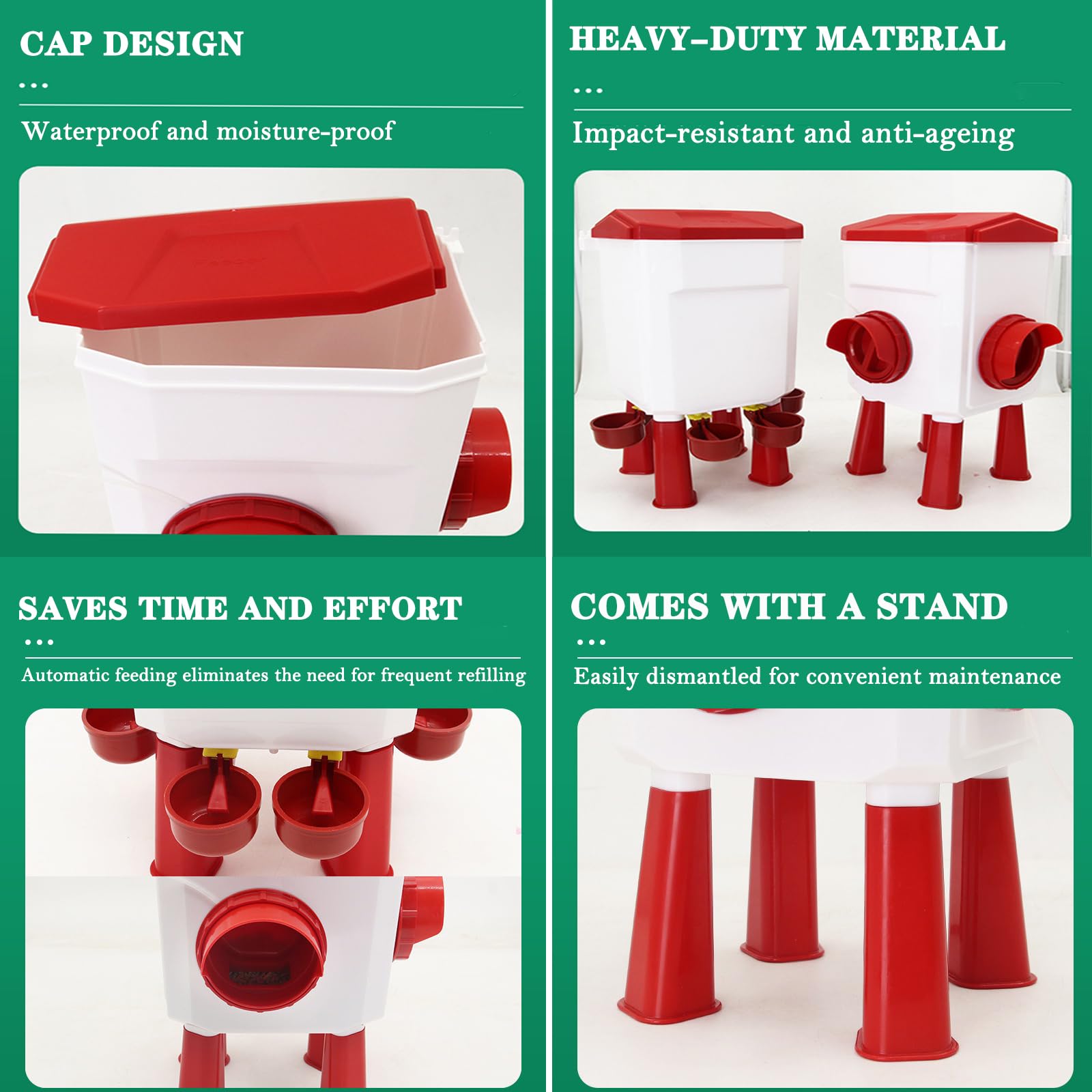 10L Abbeveratoio per Galline E Mangiatoia per Galline Mangiatoia Regolabile 2 in 1 per Pollame, with 4 Water Cup And 2 Feeding Ports per Anatre Quaglie Tacchini E Pulcini,Rosso,Feeding Trough