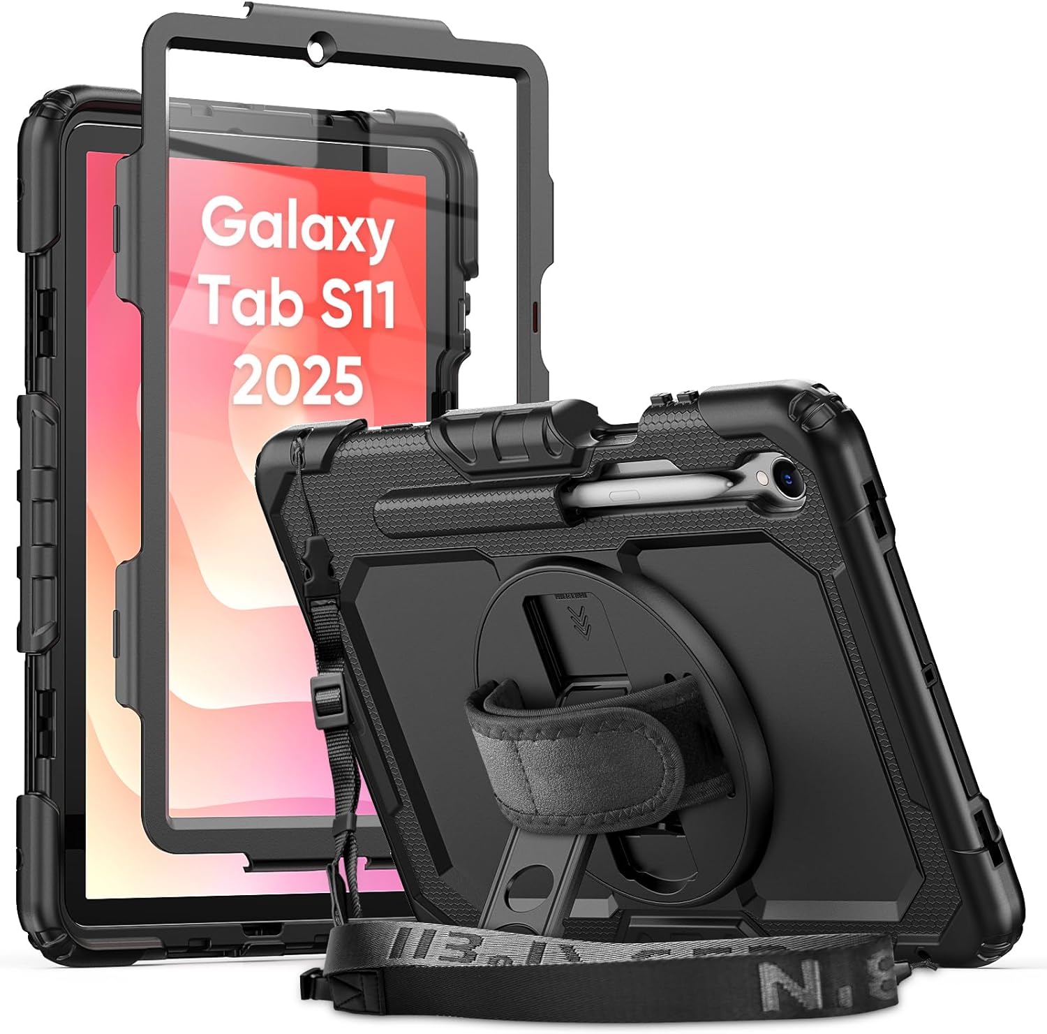 Herize Case for Samsung Galaxy Tab S11 (11-inch) 2025 SM-X730/SM-X736B with Screen Protector Pencil Holder | Three-layer Rugged Shockproof Case W/Kickstand Hand Grip Shoulder Strap for Tab S11 | Black