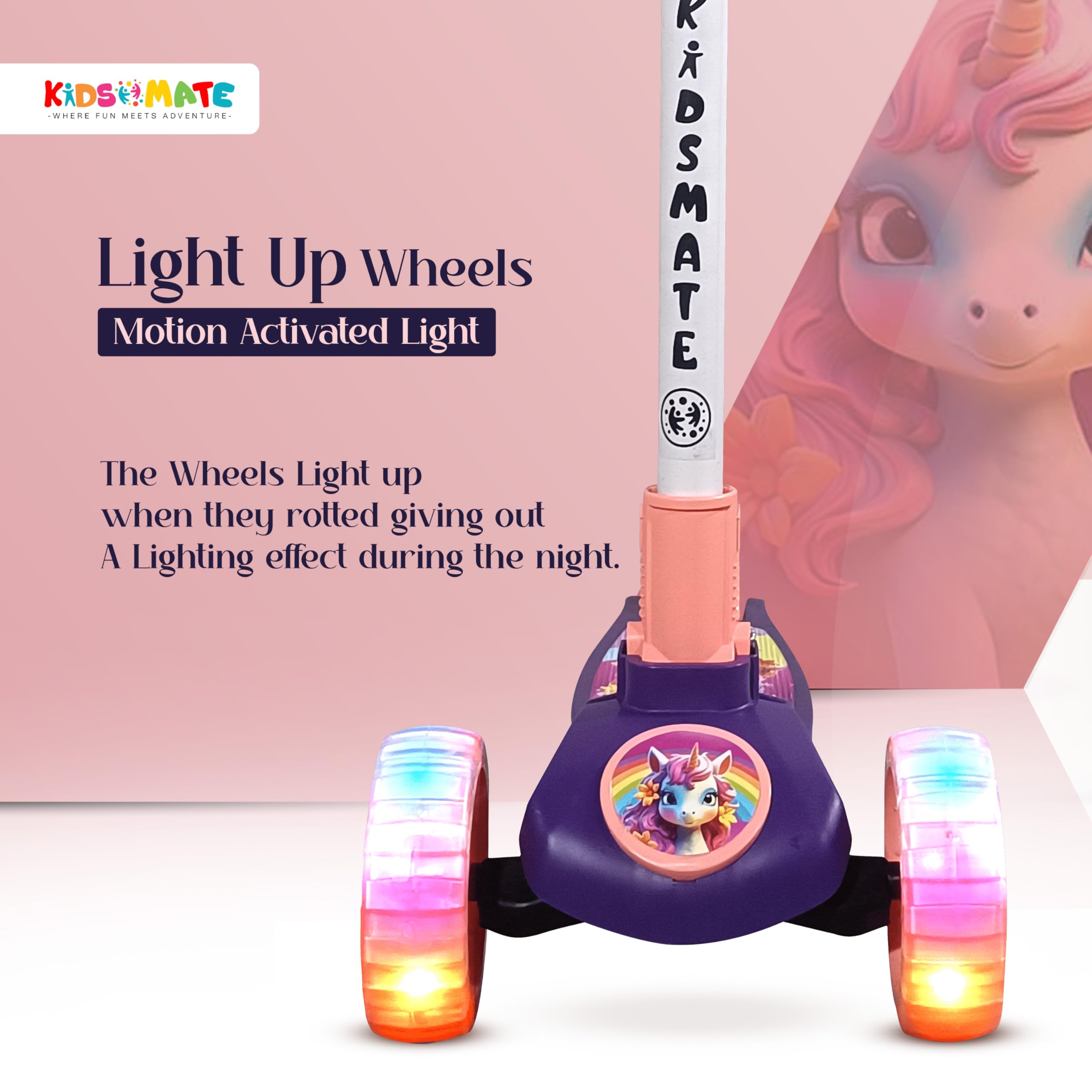 Kidsmate Spartan Kick Scooter with Broad PU LED Wheels | 3-Wheel Skating Scooter for Boys & Girls of Ages 2-12 Years | Level Adjustable Height, and Easy Fold Design (Pink-Purple) 2
