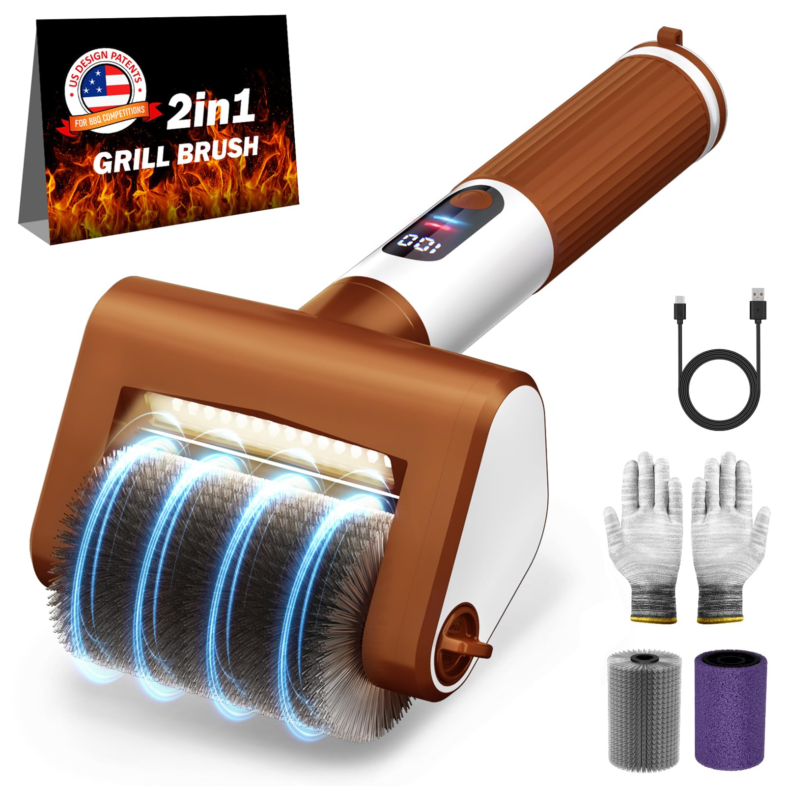 Spazzola elettrica per grill, spazzola per barbecue a 2 velocità con luce LED/schermo pulizia potente 800 giri/min, 4000 mAh/2 testine senza setole spargimento ricaricabile leggero detergente