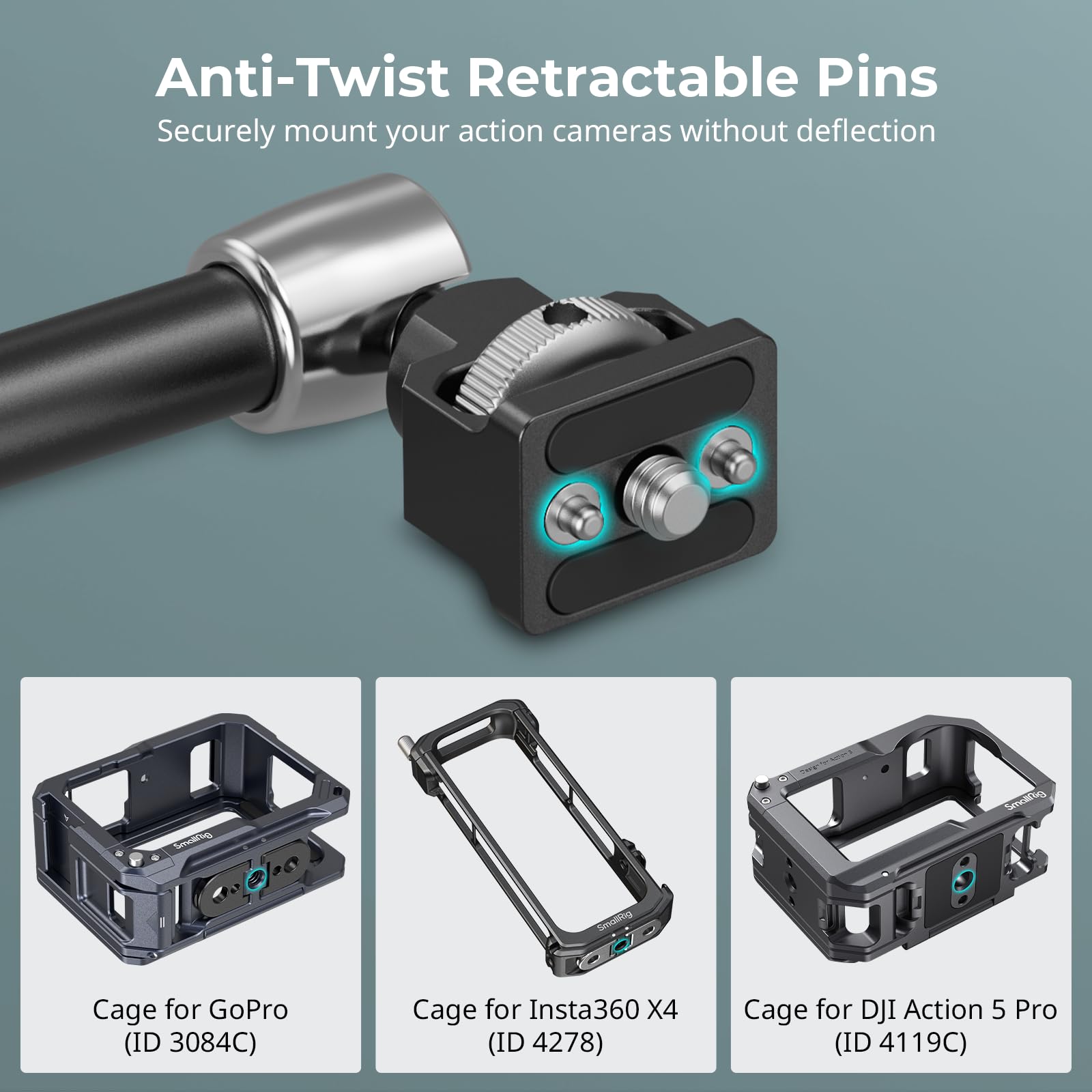 SMALLRIG Magic Arm 5312 - Pinza de cangrejo con pasador retráctil antidesviación, capacidad de carga de 1,5 kg para GoPro/Insta360/DJI Action/DSLR/para luz/monitor / teléfono