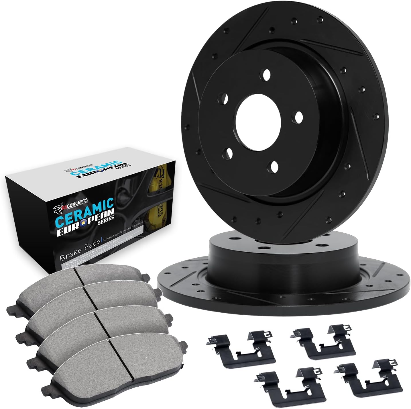R1 Concepts Rear Brake Kit For 2003-2007 Mercedes-Benz C230, 2003-2005 Mercedes-Benz C240| Drilled Slotted Brake Rotors| Ceramic Brake Pads and Rotors Kit| Hardware included