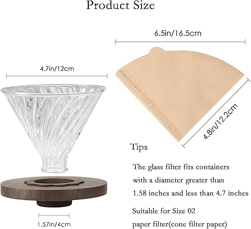 Miniatura 2 de Lalord Gotero de café con 100 filtros de papel V60, mango de nogal y vidrio de borosilicato, gotero de café de vidrio, soporte para 1-4 tazas