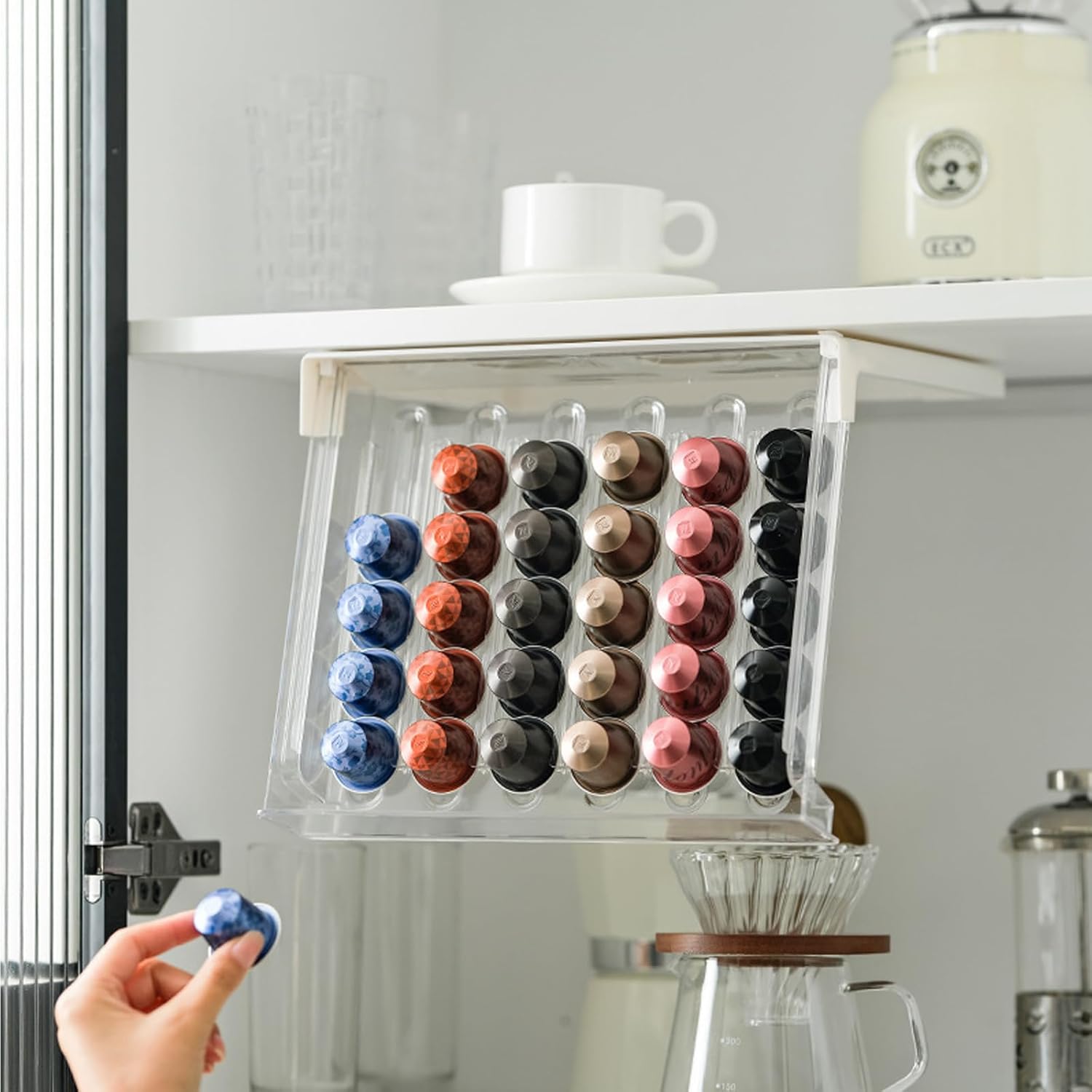 QISHENG - Coffee Pods Capsules Organizer Drawer, Storage Holder for Capsule Coffee, Under Cabinet Space-saving Organizer (30-Capacity).