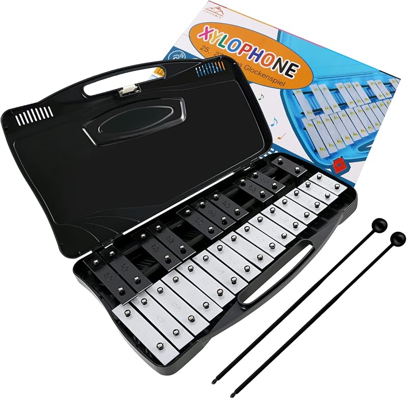 EASTROCK 25 Notes Xylophone Professional Glockenspiel with Box Stick Black | Aluminum Alloy Piano Keys ABS Hard Storage Box Percussion Instrument Kit Suitable for Adult Beginners Music Performance