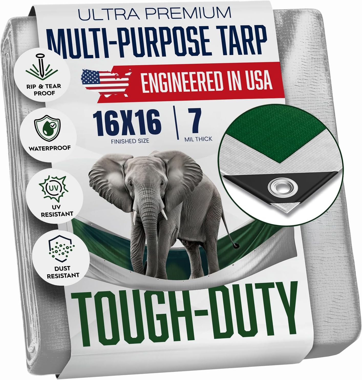 16x16 Tough Heavy Duty Tarp, 7 Mil Thick, High Durability, Tear & Fade Resistant, UV Treated, Grommets Every 18 Inches (16x16)