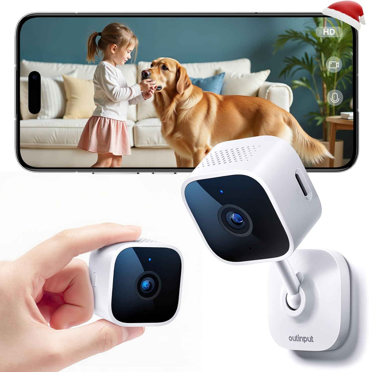 Outinput Indoor Security Camera, 2K WiFi Home Camera for Baby Monitor/Pet/Dog, Motion Detect, Night 