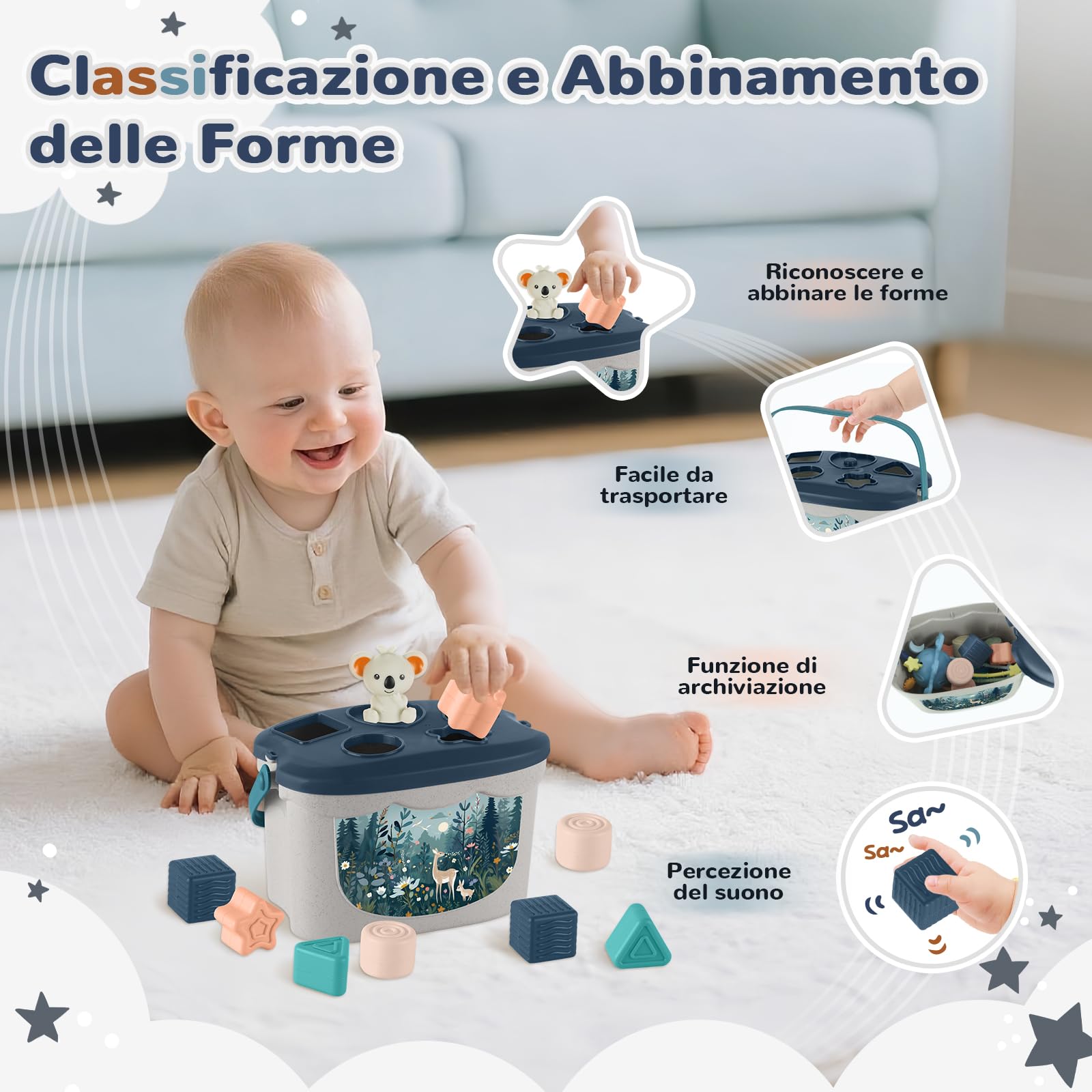 Giochi Bambini 6 Mesi in su,5 in 1 Giochi Montessori,Giochi Sensoriali per Neonati con Tirare la Corda,Giocattolo di Classificazione e Impilamento delle Forme,Xilofono,Regalo Neonato 6 Mesi - 3 Anni