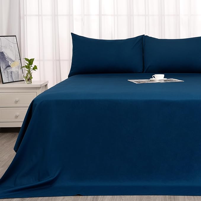 Queen Size Cotton Sheet Set - 400 Thread Count, 4 Piece Set, Deep Pocket Fit Up to 16" - 100% Long Staple Cotton, Soft, Navy Blue