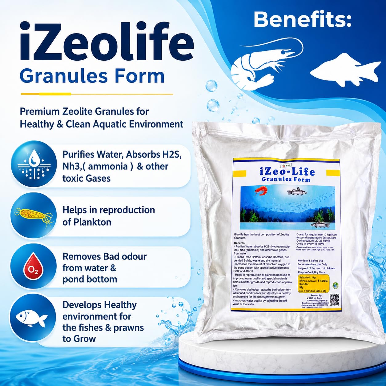 Vmcropcare Zeolite GRANULES for AQUACULTURE 5 kg Pack | Aquaculture & Fish Farming Water Treatment | Water Purifier for Clean & Healthy Pond Environment 1