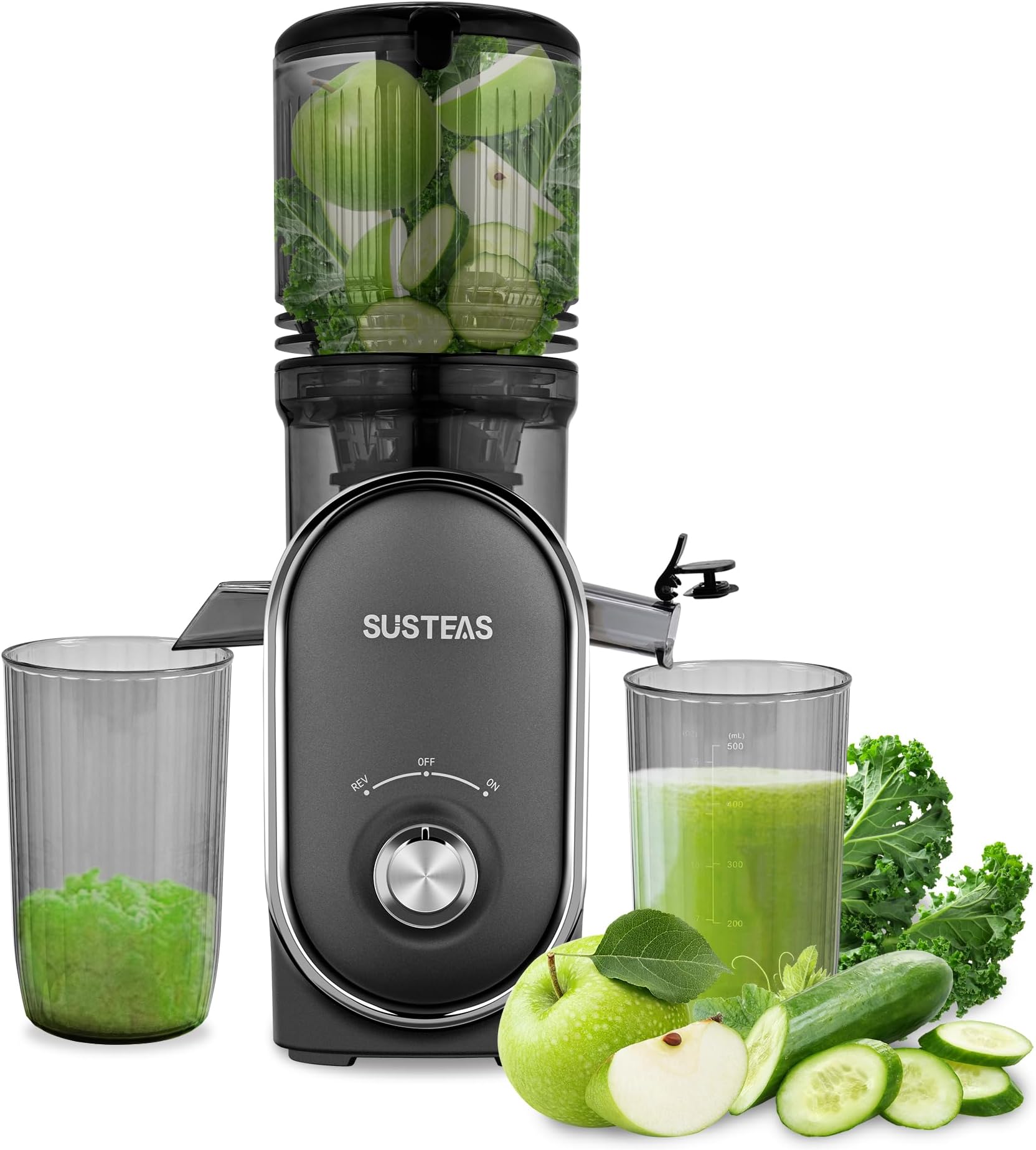 SUSTEAS Cold Press Juicer, 5.3" Feed Channel (50oz Capacity), 300 Watt Slow Chew Juice Extractor for Whole Fruits and Vegetables, Feeding