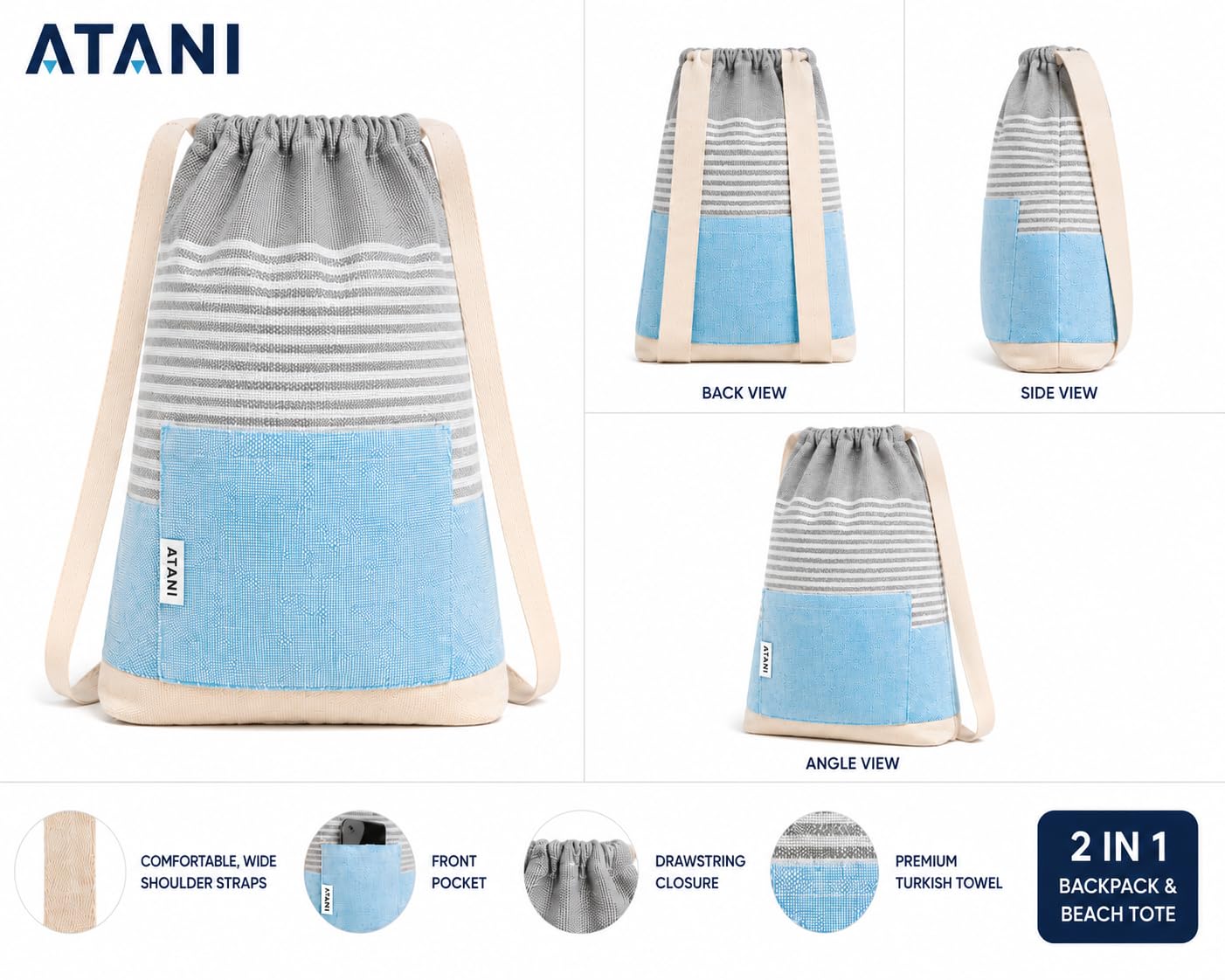ATANI Türkisches Strandtuch, in eine Tasche umwandelbar, übergroßes Badetuch aus 100 % Baumwolle, leichtes und schnelltrocknendes Strandtuch für Reisen, Picknick, Camping, Yoga und Pool