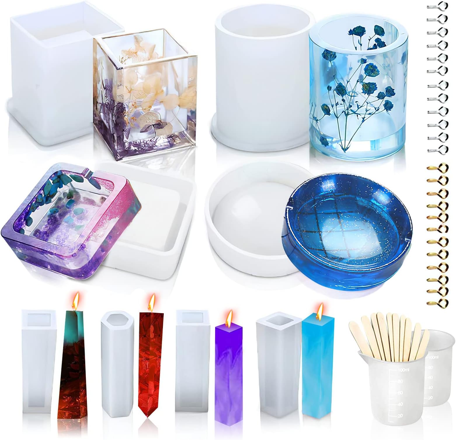 Epoxy Resin Moulds, Resin Molds Silicone Set, DIY Casting Resin Art Moulds Tools kit Include Round, Square, Cylinder, Pendants, with Measuring Cups and Stick Screw Eye