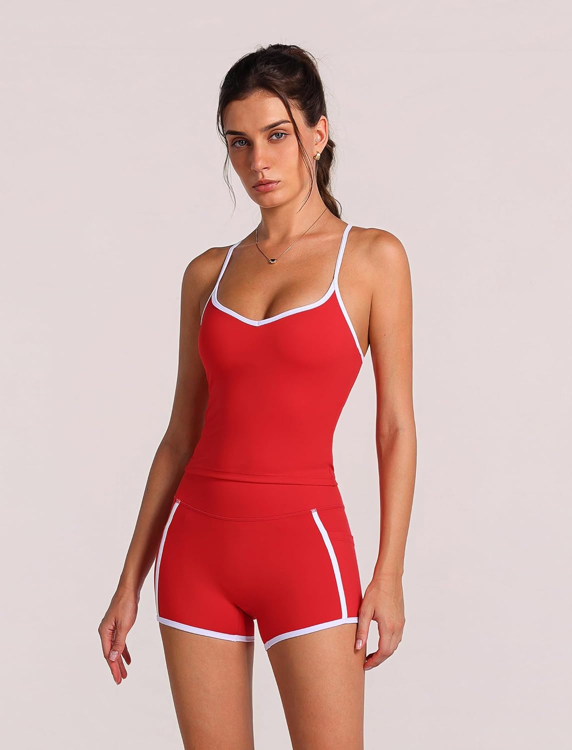 ABOCIW Workout Sets for Women 2 Piece Cross Back Tank Top High Waist Mini Shorts with Pockets - Image 2